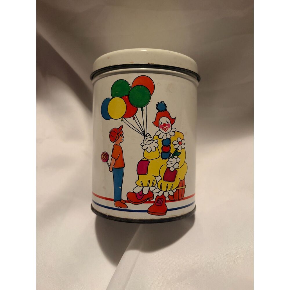 Large Vintage Clown Balloons Boy Lollipop Tin Canister 11.5" Retro Clowncore